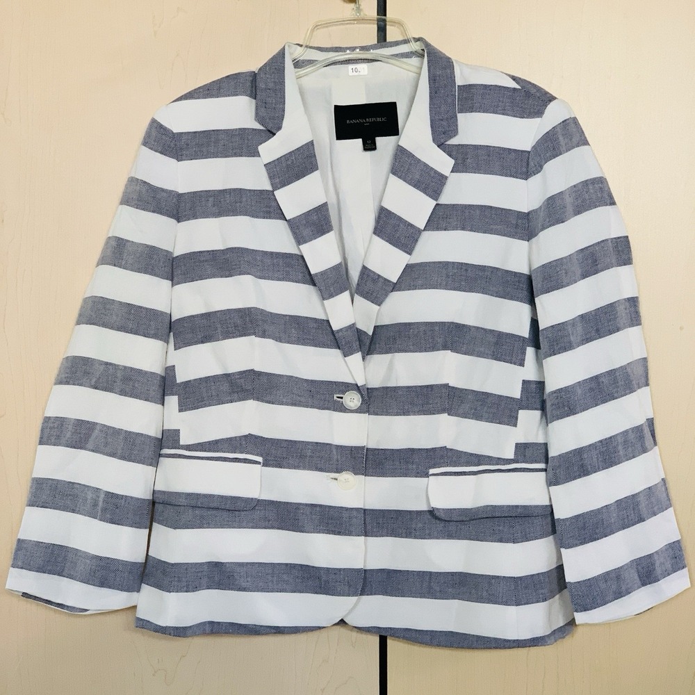 Banana Republic Women's‎ 2-Button Linen Blue Stripe Blazer Jacket Size 12